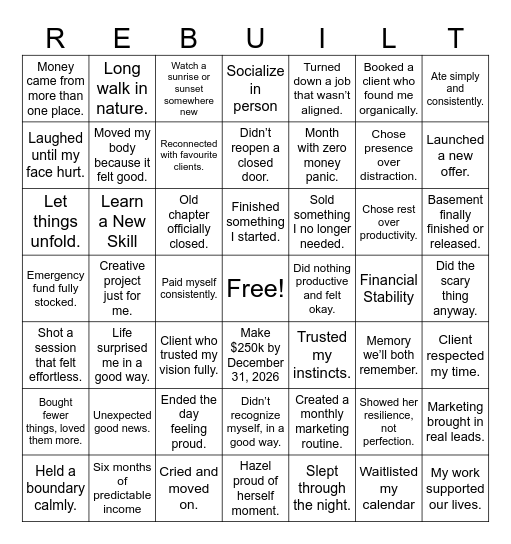 On My Terms: 2026 Bingo Card