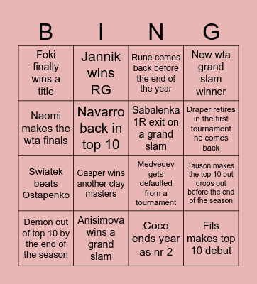 2026 tennis Bingo Card