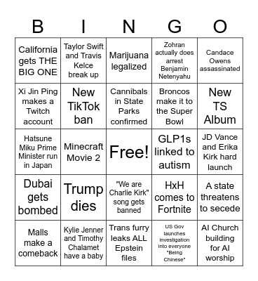 2026 Predictions Bingo Card