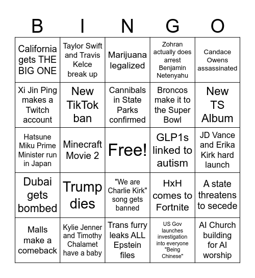 2026 Predictions Bingo Card
