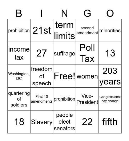 Amendments Bingo Card