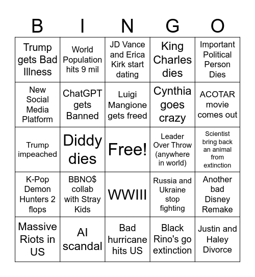 2026 Predictions Bingo Card