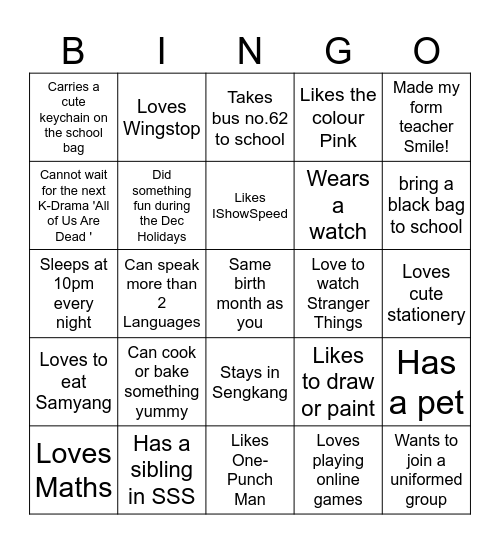1SD3 Getting to Know You! Bingo Card