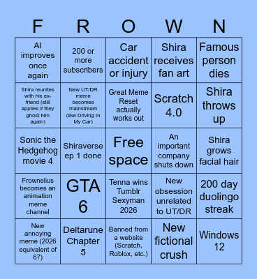 2026 Frownelius Bingo Card