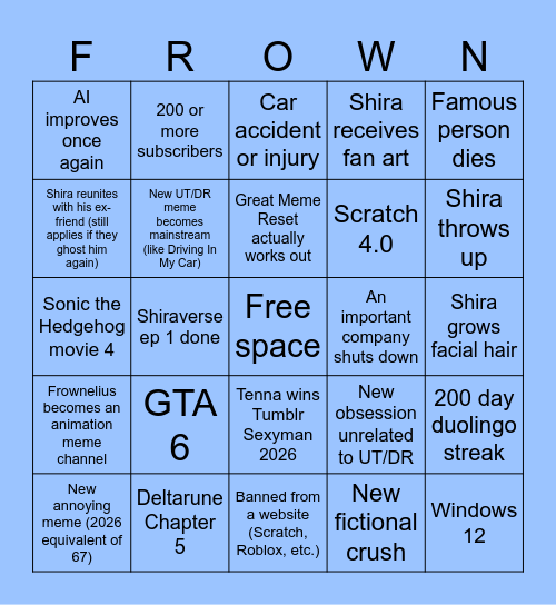 2026 Frownelius Bingo Card