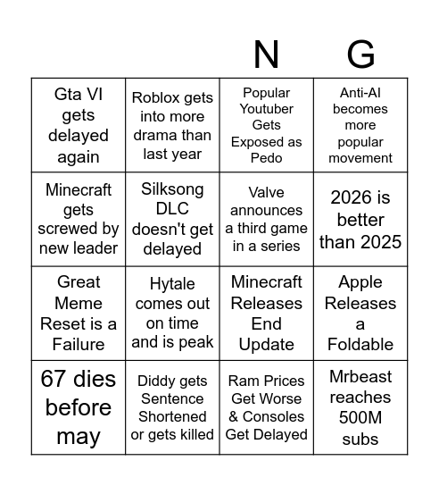 2026 Bingo Card Bingo Card