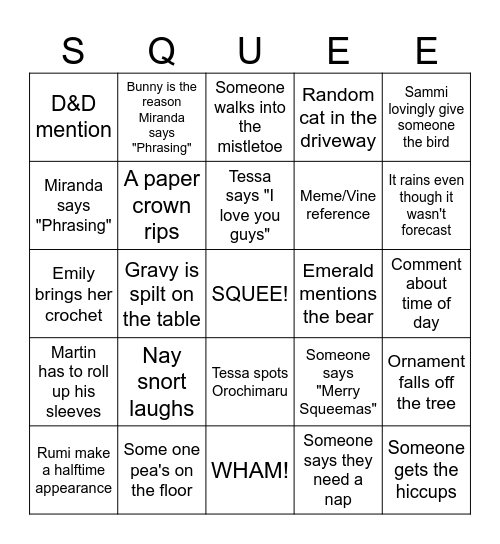 Squeemas Bingo Card