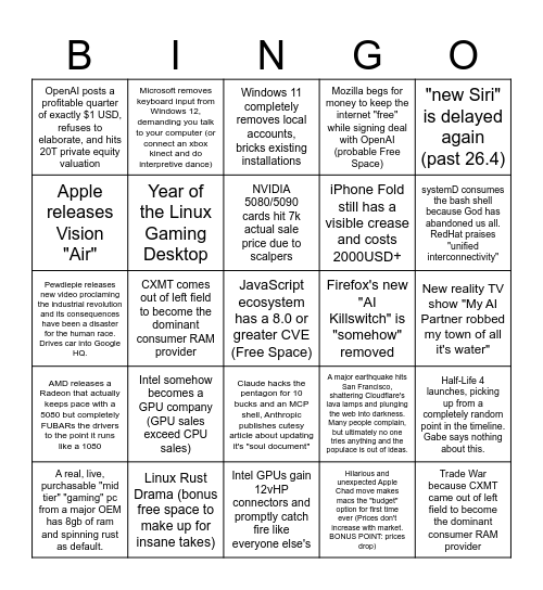 Yuki's unhinged 2026 tech bingo Card