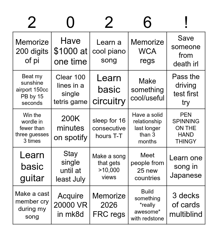 2026 Goals Bingo Card