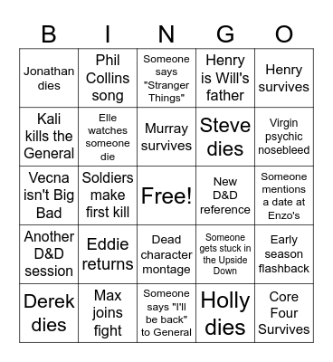 Stranger Things Bingo Card