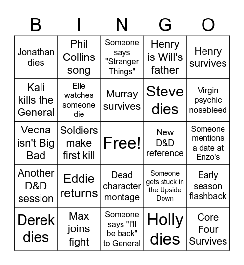 Stranger Things Bingo Card