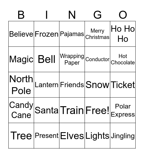 Polar Express Bingo Card