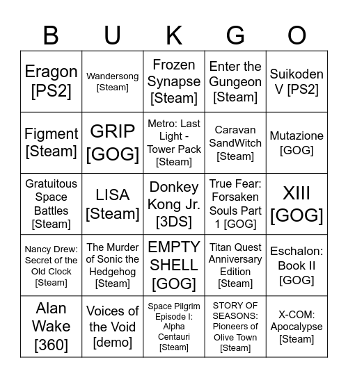 my backlog bingo 2026 Bingo Card