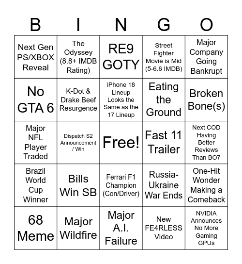 2026 Bingo Card - Ben Bingo Card