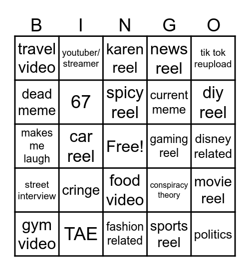 Instagram reel bingo Card