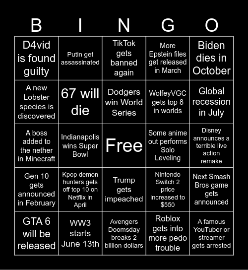 2026 Bingo Card Bingo Card