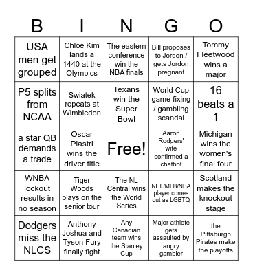 2026 Sports Bingo Card
