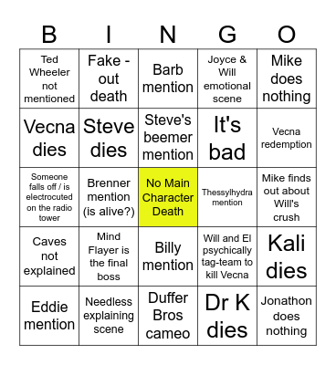 Stranger Things Season 5 Finale Bingo Card