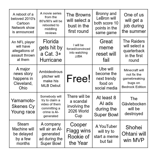 2026 Bingo Card Bingo Card
