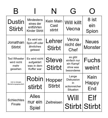 Stranger Things Bingo Card