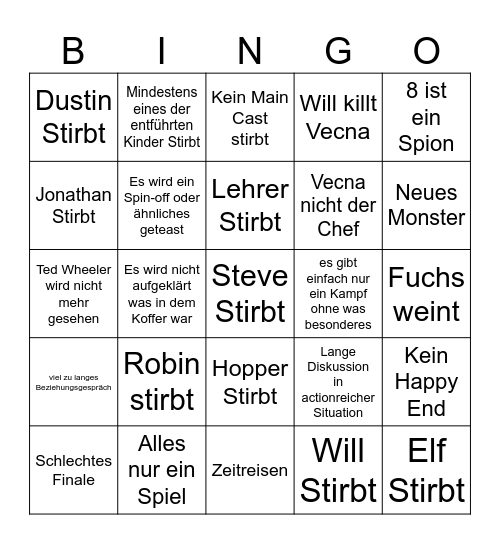 Stranger Things Bingo Card