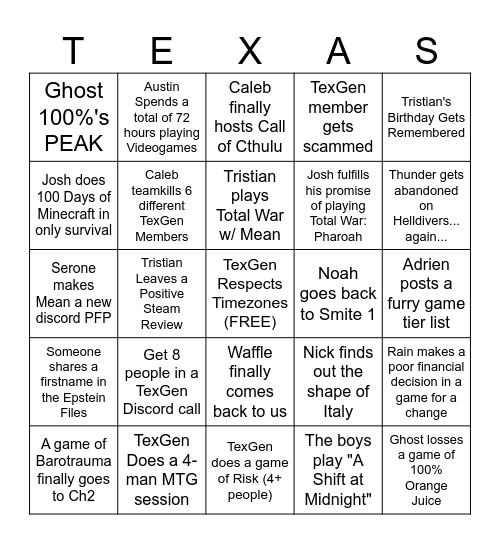 Texas General 2026 Bingo Board Boogaloo Bingo Card