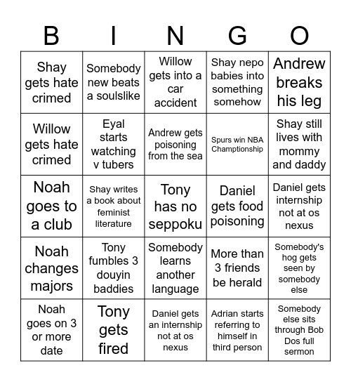 Tony's Chud Life Bingo Card