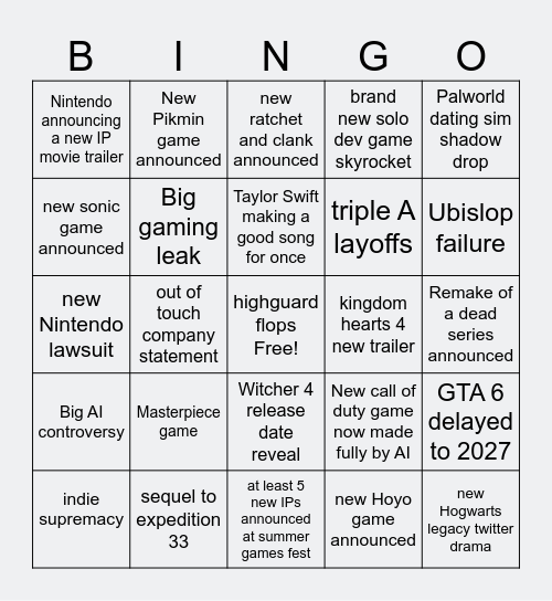 2026 gaming Bingo Card