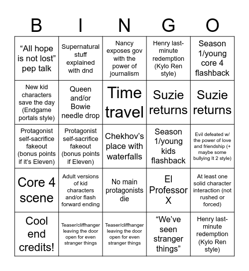 the strangest things Bingo Card