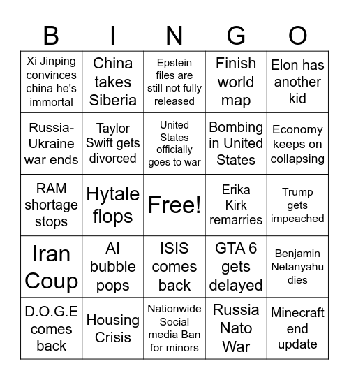 2026 event predictions Bingo Card