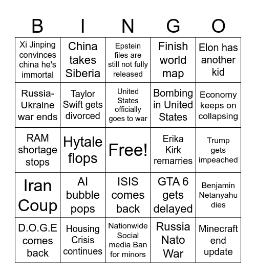 2026 event predictions Bingo Card