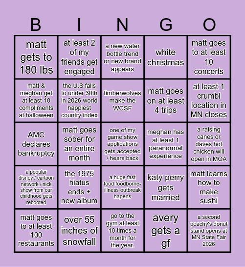 2026 Bingo  - Matt Bingo Card