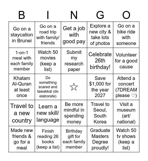 Mustaqimah's 2026 Bingo Card