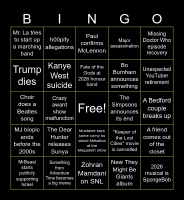 My own personal 2026 bingo (this will only all make sense to me) Bingo Card