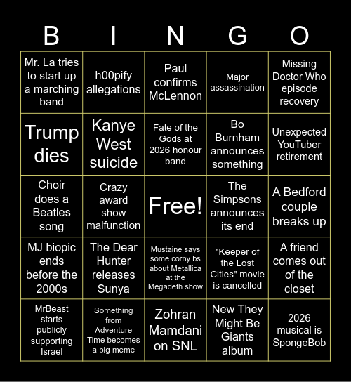 My own personal 2026 bingo (this will only all make sense to me) Bingo Card