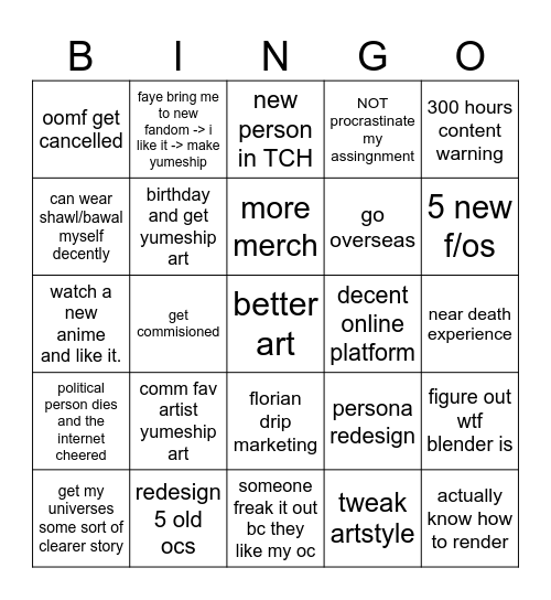 Nee's 2026 Bingo Card
