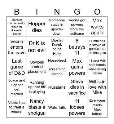 Stranger things finale Bingo Card