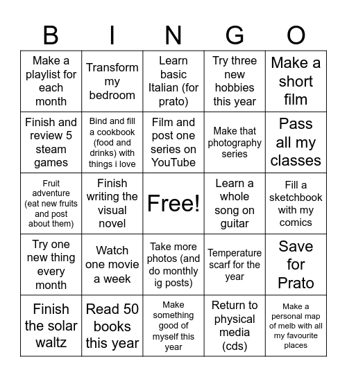 New Years Resolutions Bingo Card