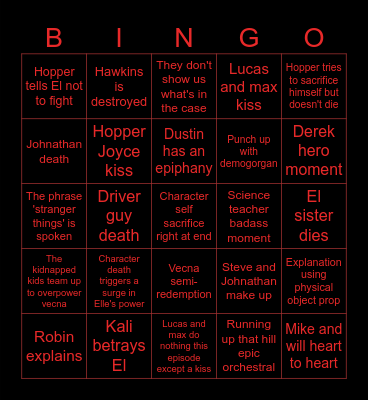 Stranger Things Finale Bingo Card