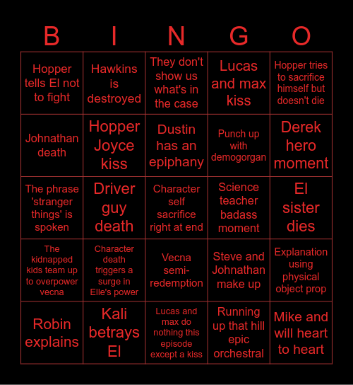 Stranger Things Finale Bingo Card