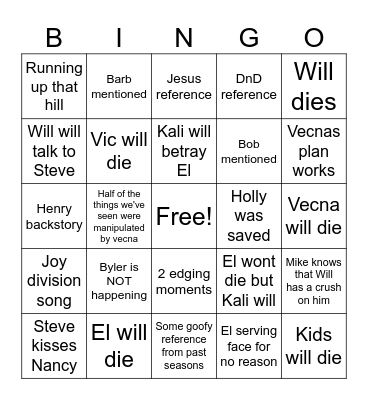 Stranger things Bingo Card