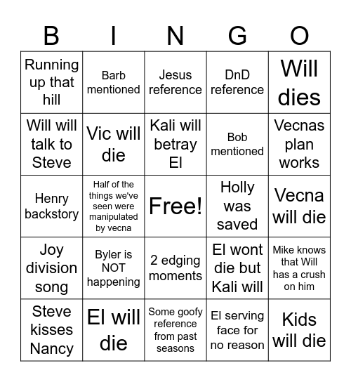 Stranger things Bingo Card