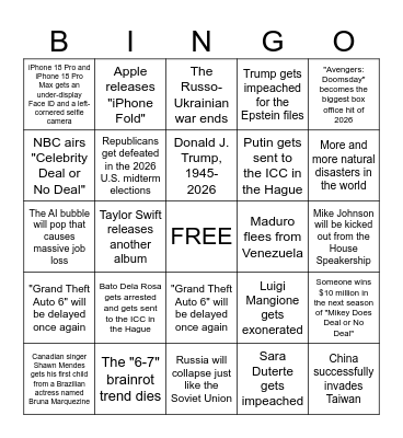 2026 Bingo Card Bingo Card