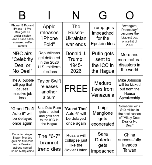 2026 Bingo Card Bingo Card