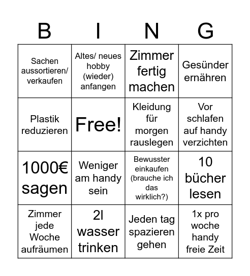 Neujahrs Vorsätze Bingo Card