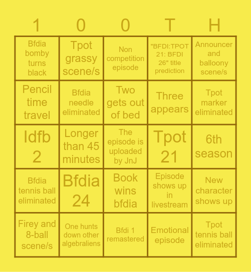 BFDI 100TH EPISODE PREDICTIONS Bingo Card