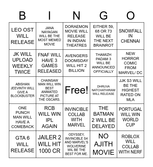 2026 PREDICTIONS Bingo Card