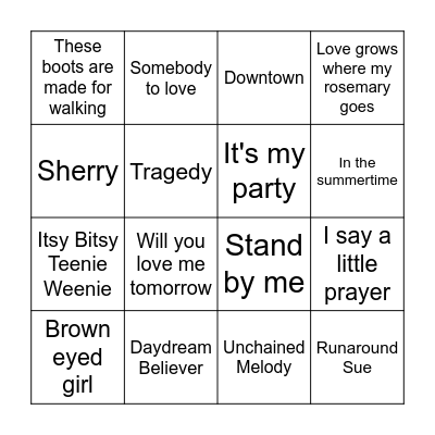 50's & 60's Bingo Card