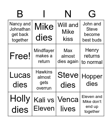 Stranger Tinnngggssss Bingo Card