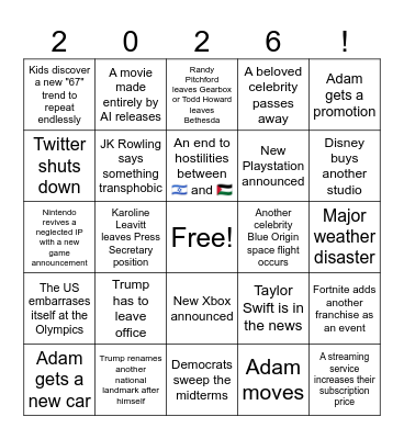 2026 Predictions Bingo Card